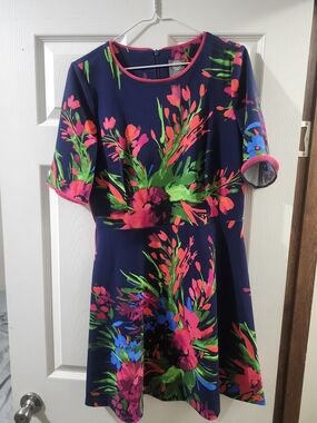 Vince Camuto Navy Floral Maxi Dress with Neon Pink & Green